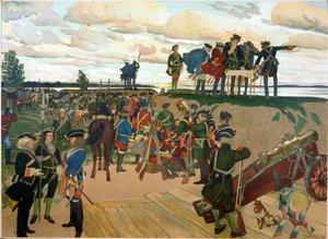 Grundandet av Sankt Petersburgs fästning av Peter I den store (1672-1725) på 1700-talet. (Grundandet av fästningen St Petersburg). Verk av Dmitri Nikolayevich Kardovsky (Kardovski) (1866-1943), litografi