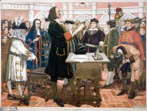 Presentation av nybörjare. Tsar Peter I den store (1672-1725) tar emot och identifierar nya hovmän och unga aristokrater i Ryssland. Bakom tsaren, iklädd blå kostym och hatten under armen, med ett ansikte