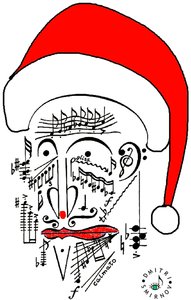 Musical Santa - huvudet på jultomten - jultomten ritad med musikalisk notation och bär en röd hatt