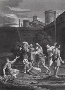 Steningen av Sankt Stefan, Apostlagärningarna, kapitel VII, vs 54, 60 (gravyr) av Domenichino (1581 1641) (after)