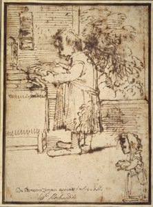 Karikatyr av Aldobrandini-teologen, med en kvinnlig dvärg som håller sin hund (penna och bläck på papper) av Domenichino