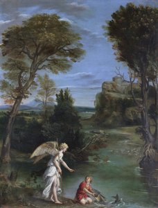 Landskapsbild med Tobias som håller i fisken av Domenichino