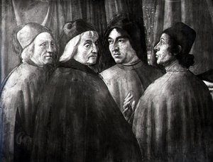 Zakaria katika Hekalu, maelezo ya vikundi vya wanaume av Domenico Ghirlandaio