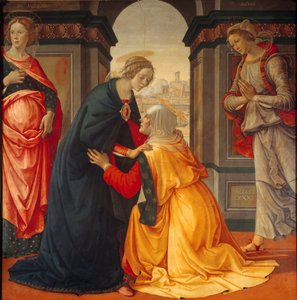 Besök: Jungfru Maria besöker Elisabeth, mellan Marie Jacobie och Marie Salome, vittnen till korsfästelsen och uppståndelsen, målning av Domenico Ghirlandaio (1449-1494) 1491 av Domenico Ghirlandaio