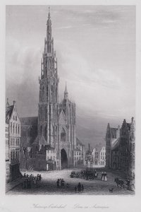 Antwerpens katedral (gravyr) av Domenico (after) Quaglio