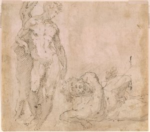 Beccafumi - Verso manlig nakenfigur lutad mot en trädstam och liggande manlig nakenfigur med bakåtkastat huvud, ca 1530-1540 av Domenico Beccafumi