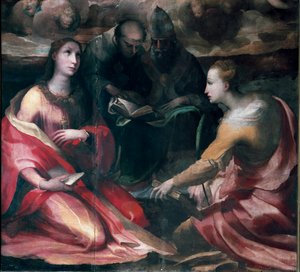 Kristus som kröner Jungfru Maria och fyra heliga, detalj: Sankta Maria Magdalena, Sankt Antonius av Padua (san antonio di padova), påven Sankt Gregoire I eller den store och heliga Katarina av Alexandria. Målning av Domenico Beccafumi (1486-1551) av Domenico Beccafumi