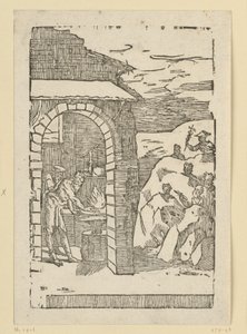 Metallernas kall. Hefaistos (Vulkan) och en lärd står vid elden i en smedja, medan gudarna (som representanter för metallerna) gömmer sig ute i klipporna: Saturnus (bly), Jupiter (tenn), Venus (koppar), Luna (silver), Merkurius (kvicksilver) av Domenico Beccafumi