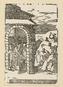 Metallernas kall. Hefaistos (Vulkan) och en lärd står vid elden i en smedja, medan gudarna (som representanter för metallerna) gömmer sig ute i klipporna: Saturnus (bly), Jupiter (tenn), Venus (koppar), Luna (silver), Merkurius (kvicksilver) av Domenico Beccafumi