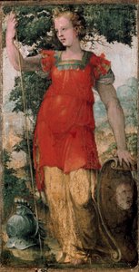 Kvinnlig karaktär, kanske Minerva. Målning av Domenico Beccafumi (1486-1551). av Domenico Beccafumi