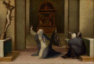Den heliga Katarina av Siena tar emot Stigmata, ca 1513-15 (olja och bladguld på panel)