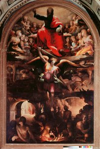 Saint Michael Chasing Rebel Angels Målning av Domenico Beccafumi (1486-1551) 1526-1530 ca. Sol. 348x225 cm. Siena, Chiesa di San Niccolo al Carmine