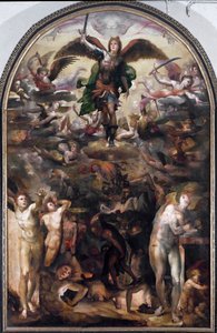 Saint Michael jagar de rebelliska änglarna (Rebellänglarnas fall). Målning av Domenico Beccafumi (1486-1551)