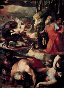 The Punishment of Core (Kore), Dathan (Datan, Nathan) och Aboron (Abiram) (The Punishment of Celestial Fire, avsnitt av leviternas uppror mot Moses och lagens auktoritet). Målning av Domenico Beccafumi (1486-1551)