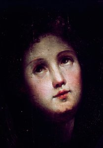 Kristi nedstigning till limbo. Detalj av en ung mans ansikte störtar in i mörkret (mörkret) och blickar mot himlen. Målning av Domenico Beccafumi (1486-1551)