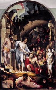 Kristi nedstigning till limbo. Han håller en vit banderoll slagen med ett rött kors, en symbol för uppståndelsen. Målning av Domenico Beccafumi (1486-1551) swed