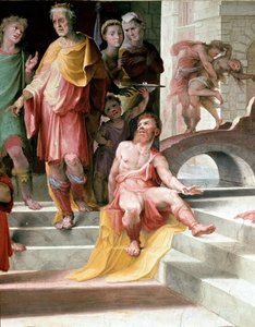 Offret av Seleucos de Locres (Seleucus de Locride) Seleucos för att förblinda sin son, för att straffa honom för en våldtäkt han hade begått, föredrar att dö ett av hans ögon. Fresk av Domenico di Giacomo di Pace dit Beccafumi (1486-1551). Detalj. 1529-153 av Domenico Beccafumi