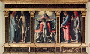 Treenighetens triptyk: Sankt Cosimo (Kom eller Cosimo), Sankt Johannes Döparen, Treenigheten, Sankt Johannes evangelisten och Sankt Damien. Infoga "" INRI"" på krysset. Målning av Domenico Beccafumi (1486-1551) av Domenico Beccafumi