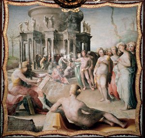 Zeuxis (eller Zeuxippos, grekisk målare av Heraclee, 464-398 f.Kr.) målade porträttet av Helene för Heras tempel i Crotone. Målning av Domenico Beccafumi (1486-1551)