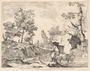 Landskap med herdinna och flock vid ett vattenhål av Domenico Bernardo Zilotti