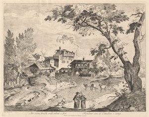 Rustik by längs en flod med resenärer av Domenico Bernardo Zilotti
