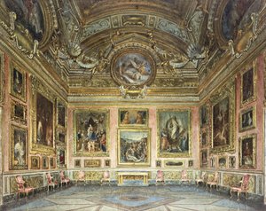 Palazzo Pitti, Florens: Sala di Saturno med Peruginos "Lamentation" flankerad av målningar av Fra Bartolommeo och Raphael, av Domenico Caligo