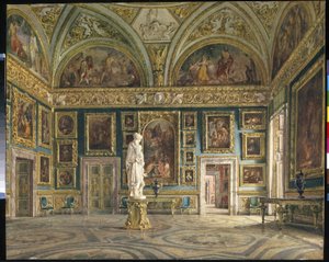 Hall of the Iliaden (Palatine Gallery) i Pitti Palace i Florens (Italien) (The Hall of the Ilia at the Pitti Palace i Florens). Målning av Domenico Caligo (?-1880), olja på duk. Italiensk konst, andra hälften av 1800-talet, nyklassicism. State He av Domenico Caligo