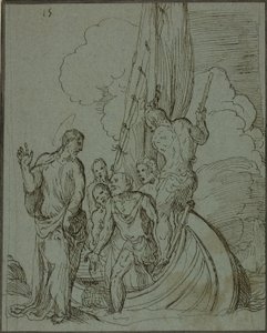 Kristus går på vattnet, Peter följer av Domenico Campagnola