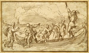 Kristus och St Peter går på vattnet (penna & brunt bläck på papper) av Domenico Campagnola