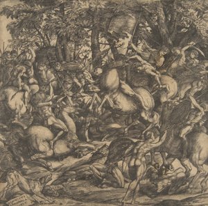 Grupp av nakna män engagerade i strid i ett skogslandskap, några till häst, en hund vid..., 1517.