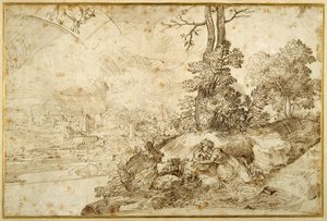 Landskap med astrologi (penna och brunt bläck på papper) av Domenico Campagnola