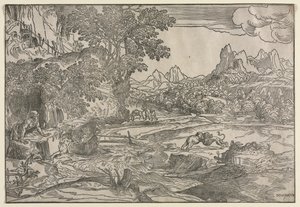 Landskap med Saint Hieronymus och två lejon av Domenico Campagnola