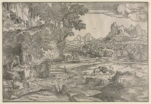 Landskap med Saint Hieronymus och två lejon, ca. 1530-35. av Domenico Campagnola
