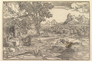 Landskap med Saint Hieronymus till vänster och tittar mot lejon och björn som slåss vid cente..., ca. 1530-35. av Domenico Campagnola