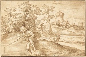 Landskap med en pojke som fiskar av Domenico Campagnola