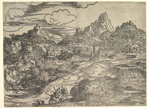 Landskap med familj som går tillsammans i förgrunden, till vänster två figurer med ..., ca. 1535-40. av Domenico Campagnola