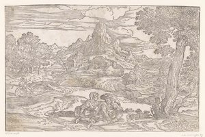 Landskap med ett par med en remskiva av Domenico Campagnola