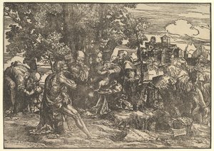 Maria satt under träd med baby, flankerad av Josef till vänster och St. Hieronymus till höger, St..., 1517. av Domenico Campagnola