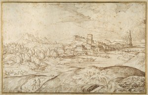 Bergigt landskap med en flod och en befäst stad med ett torn med torn (penna och brunt bläck på vitt papper) av Domenico Campagnola