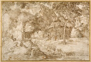 Pilgrimer som besöker St Hieronymus i vildmarken (penna & brunt bläck på vitt papper) av Domenico Campagnola