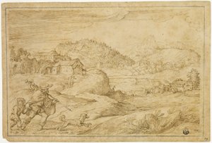 Flodlandskap med Saint Roch och ett barn som reser med hund av Domenico Campagnola