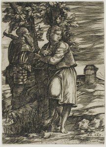 Shepherd och Old Warrior av Domenico Campagnola
