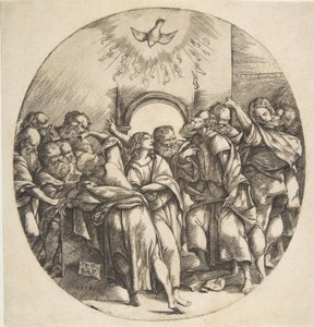Den Helige Ande som en fågel som stiger ned med spridda vingar högst upp i mitten, de tolv apostlarna ..., 1518.