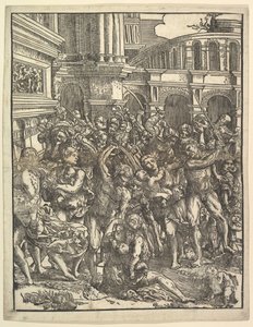 The Massacre of the Innocents Höger sida med en grupp mansfigurer som attackerar kvinnor och ..., 1517. av Domenico Campagnola