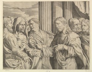 Tribute Money: Kristus i mitten till höger och gestikulerar till mannen till vänster med mynt ..., ca. 1564-89. av Domenico Campagnola