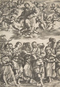 Jungfrun högst upp i mitten i moln med knäppta händer och höger fot upphöjd, omgiven av..., 1517. av Domenico Campagnola