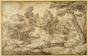 Skogbevuxet landskap med en bondgård och en träbro över en sluss (penna & brunt bläck på papper) av Domenico Campagnola