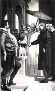 Michelangelo (1475-1564) presenterar en modell av St. Peters kupol för påven Paul IV (1476-1559)