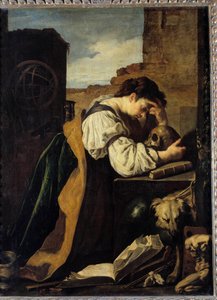 Melancholia En ledsen ung kvinna böjer sig över ett skallehuvud, en armillarsfär bakom henne. Målning (Vanity) av Domenico Feti (1589-1624) Sön. 1,71x1,28 m. av Domenico Feti