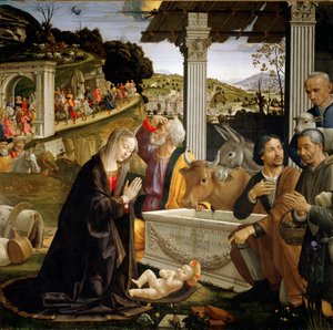 Tillbedjan av herdarna Målning av Domenico Ghirlandaio (1449-1494) 1483-1485 Sön 167x167 cm Capella Sassetti, Santa Trinita, Florens
